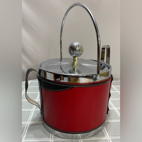 Vintage MCM Golf Theme Ice Bucket Silver Red Black Ice Tongs Golf Tee - Picture 3 of 9